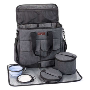 Dog Travel Bag for Day Trips & Vacations with Collapsible Bowls, Food Storage Bags, Placemat, and Endless Storage